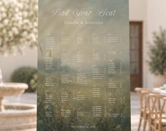 Alphabetical Wedding Seating Chart Template with Meadow Oil Painting, Editable in Canva | WD38