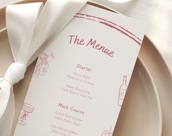 Wedding Menu Card Template - Hand Drawn Food Illustrations, Minimalist Italian Style Reception Menu, Editable Canva  | WD23