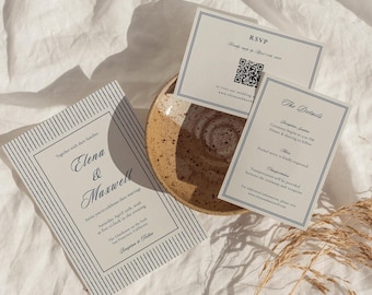 Striped Wedding Invitation Template Suite - Blue Wedding Invite Set | WD01