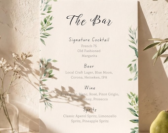 Wedding Bar Menu Template, Eucalyptus Greenery Bar Sign, Editable Botanical Wedding Drink Menu Canva Template | WD06