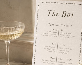 Wedding Bar Menu Sign Template, Vintage Drink Menu, Scalloped Border, Editable Canva | WD03