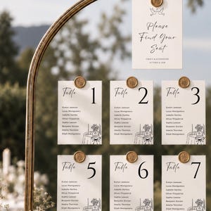 May include: A gold arched frame displays twelve white table seating cards and one header card titled Please Find Your Seat. Each card features a black line drawing of a table, a table number, guest names, and a gold wax seal at the top center.