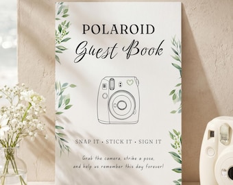 Polaroid Guest Book Sign Template, Camera Instruction, Greenery Wedding Printable Signage | WD06