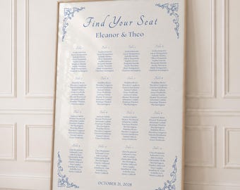 Wedding Seating Chart Template, Rococo Blue Canva Sign | WD19