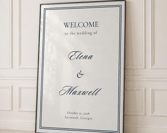 Wedding Welcome Sign Template, Old Money Navy Double Border, Editable Canva Design | WD01