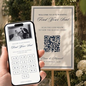 May include: A smartphone displaying a wedding seating chart interface with a black and white photo of a couple, the text Find Your Seat, and lettered buttons, held in front of a matching printed sign on an easel with a QR code and the text Elena & Maxwell.