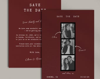 Photo Save the Date Template, Vintage Film Strip Wedding Announcement, Editable Canva  Burgundy Wedding Card | WD46