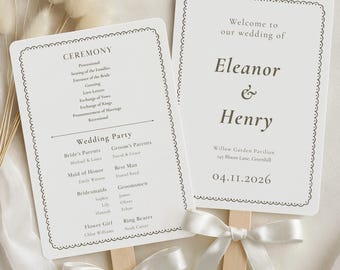 Wedding Program Fan Template with Scalloped Border, Editable in Canva | WD03