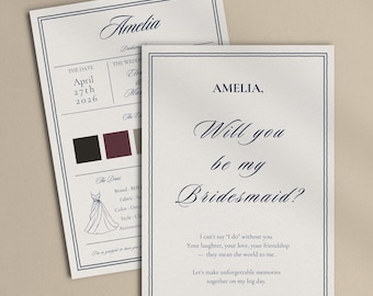 Bridesmaid Proposal Card Template - Minimal Canva Design with Wedding Details & Color Palette | WD01