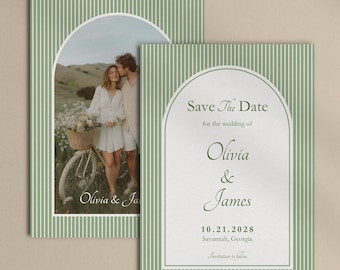 Save the Date Card Template, Sage Green Striped Photo Design | WD07