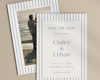 Striped Save the Date Template, Minimal Wedding Announcement, Editable Canva Template | WD17