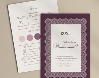 Bridesmaid Proposal Card Template with Plum and Ivory Lace, Bridesmaid Info Card Editable in Canva
