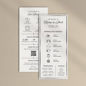 Puede incluir: Dos tarjetas blancas de programa de boda con texto negro e ilustraciones de líneas. Una tarjeta detalla la historia y el cronograma de la pareja, con iconos para eventos, un código QR y los nombres Romy & Jack impresos en la parte superior.