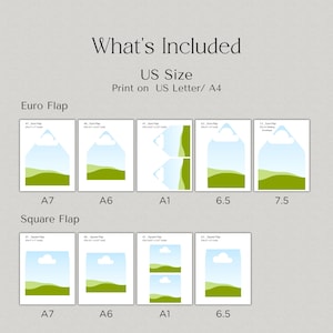 Op de afbeelding: Afbeelding met verschillende envelopsjablonen, waaronder Euro Flap en Square Flap ontwerpen. De sjablonen zijn gelabeld met maten zoals A7, A6 en A1, en tonen een landschapsontwerp met blauwe luchten en groene heuvels. Tekst: "What's Included" en "US Size."