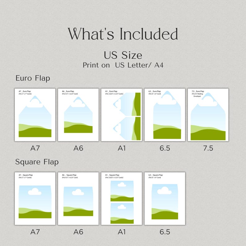 Op de afbeelding: Afbeelding met verschillende envelopsjablonen, waaronder Euro Flap en Square Flap ontwerpen. De sjablonen zijn gelabeld met maten zoals A7, A6 en A1, en tonen een landschapsontwerp met blauwe luchten en groene heuvels. Tekst: "What's Included" en "US Size."