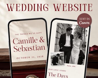 Burgundy Wedding Website Template ,Old Money Ivory wedding Invitation, Editable in Canva Site