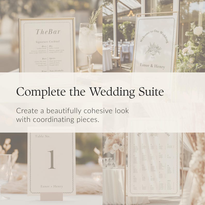 May include: A collection of wedding stationery including a bar menu, a welcome sign, a table number card, and a seating chart. Each piece features a cream background, dark text, and a decorative border. The text includes The Bar, Welcome to Our Wedding, Eanor & Henry, and Table No. 1.