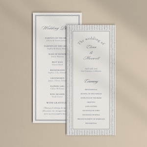Peut inclure: Deux cartes de programme de mariage verticales avec du texte et des bordures bleu foncé sur papier blanc cassé. La carte avant affiche The wedding of Elena & Maxwell, 27 avril 2026, San Francisco, Californie, et le déroulement de la cérémonie.