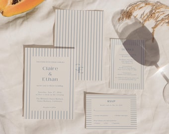 Blue Stripe Wedding Invitation Suite Template - Minimal Modern Wedding Invite Set, Canva Template | WD17