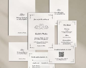 Swan Wedding Invitation Suite with Water Lily Art, Editable Canva Template | WD20