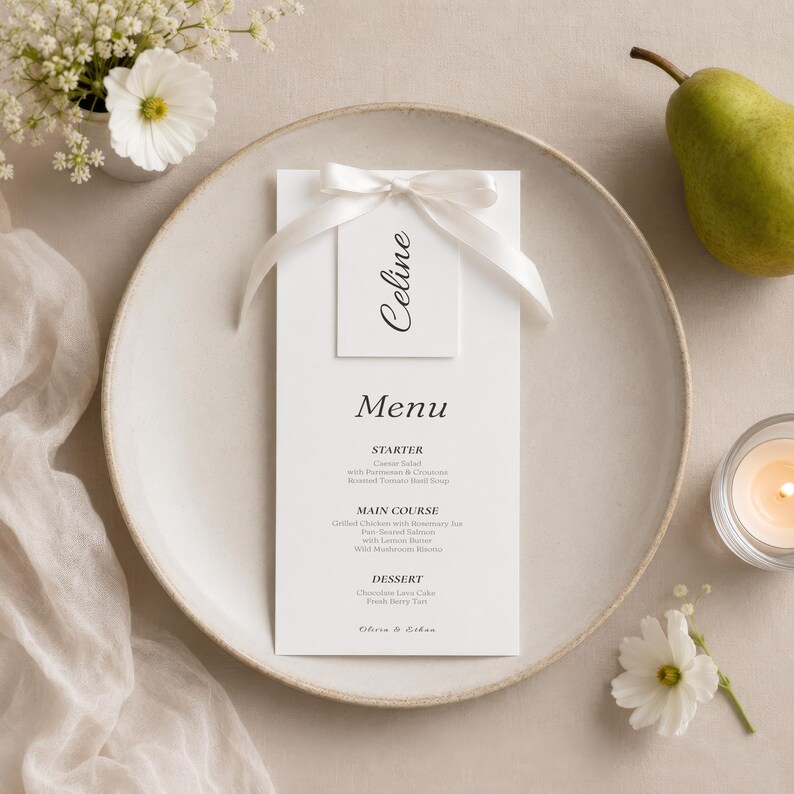 Wedding Menu and Place Card Template, Simple Dinner Menu and Name Card ...