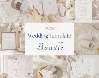 Vintage Wedding Template Bundle, Blue Floral Borders, Rococo Revival, Editable Canva Set | WD19
