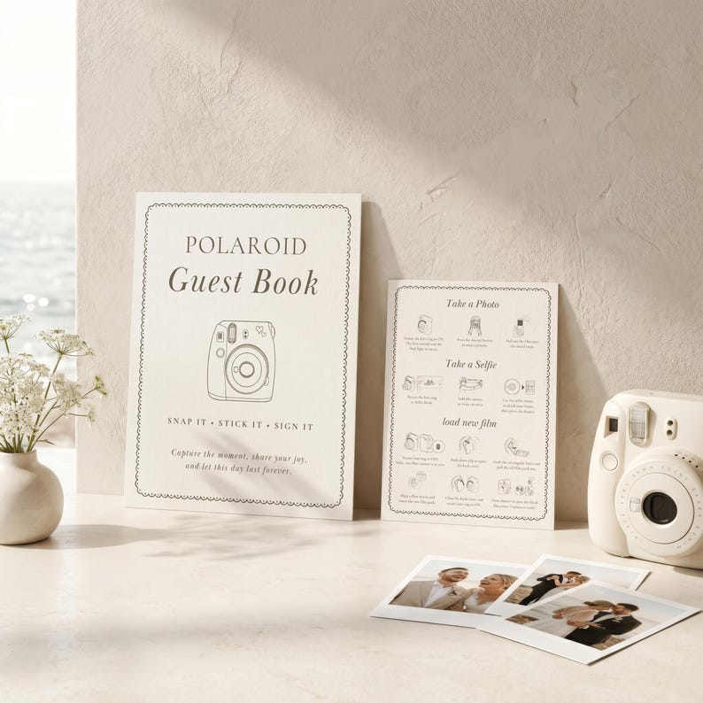 May include: A cream-colored Polaroid guest book sign with a line drawing of a camera, a matching instruction card with icons, and a white instant camera. Three small square instant photos are displayed on the surface in front of the items.