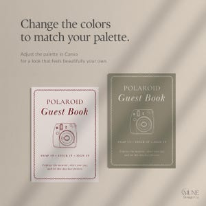 May include: Two rectangular guest book covers featuring the text "POLAROID Guest Book" and "SNAP IT &bull; STICK IT &bull; SIGN IT" with a line-art camera illustration. One cover is white with dark red text, and the other is olive green with white text.
