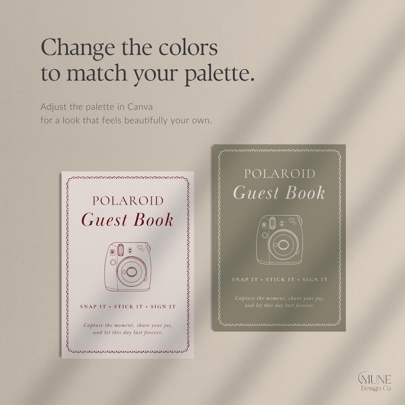 May include: Two rectangular guest book covers featuring the text "POLAROID Guest Book" and "SNAP IT &bull; STICK IT &bull; SIGN IT" with a line-art camera illustration. One cover is white with dark red text, and the other is olive green with white text.