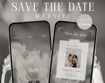 Save the Date Wedding Website Template  Canva Address Form & Countdown, Black and White Vintage Editorial