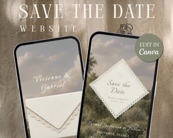 Save the Date Wedding Website Canva Template, Interactive Lace Envelope, Guest Address Form and Countdown, Romantic Provence