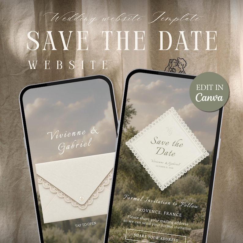 Save the Date Wedding Website Canva Template, Interactive Lace Envelope ...
