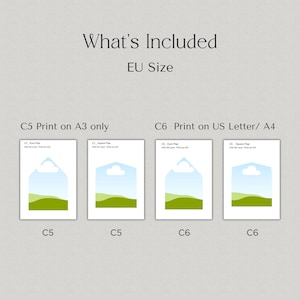 Op de afbeelding: Een afbeelding met de tekst 'What's Included' en 'EU Size'. Hieronder staan vier kaarten met een landschapsontwerp van een blauwe lucht en groene heuvels. De kaarten zijn gelabeld C5 en C6, met informatie over de afdrukformaat.