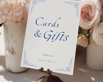 Cards and Gifts Wedding Sign Template, Elegant Blue Rococo Wedding Reception Sign | WD19