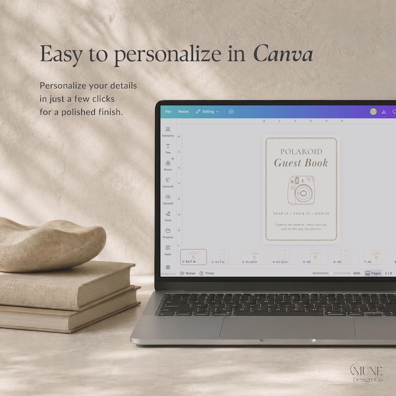May include: A laptop screen displaying a Canva design interface for a Polaroid Guest Book template. The screen shows a document with a camera icon and text, surrounded by editing tools. The text reads Easy to personalize in Canva.