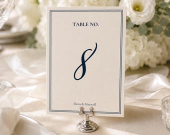 Minimal Table Numbers Card Template, Old Money Wedding Sign, Navy Double Border, Editable in Canva | WD01