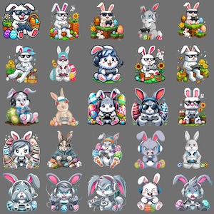 May include: A collection of cartoon Easter bunny graphics. Each bunny is depicted with sunglasses, headphones, or holding a game controller. The bunnies are surrounded by Easter eggs, flowers, and baskets.