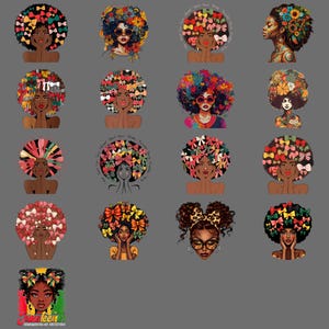 May include: A series of digital illustrations depicting Black women with elaborate, colourful hairstyles. The images showcase women with afros decorated with flowers, bows, and other embellishments, set against a grey backdrop.