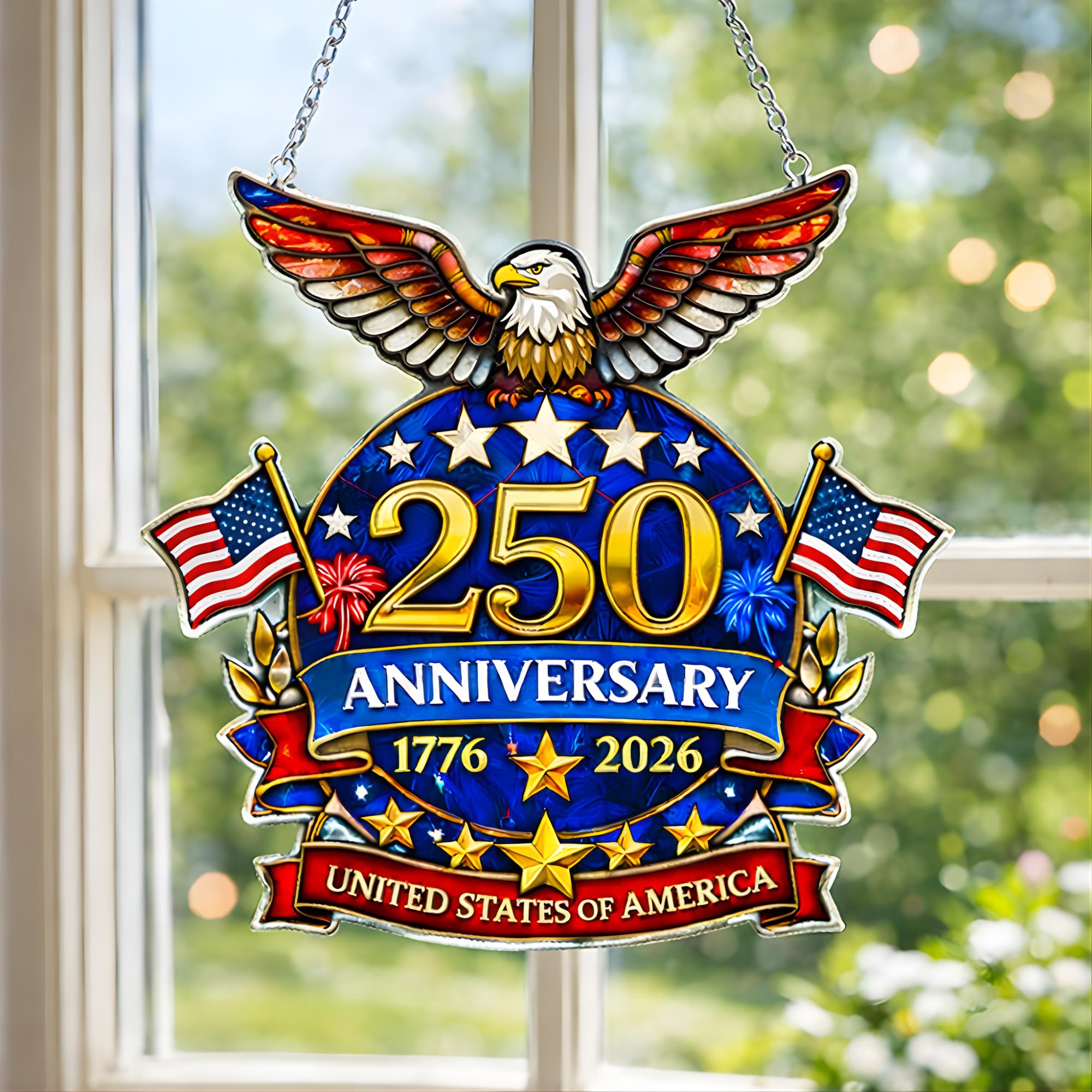 Discover American 250th Anniversary Suncatcher - Patriotic Wavy Acrylic Ornament