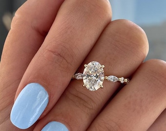 Oval Moissanite Engagement Ring, Marquise Side Stones, Vintage Gold Bridal Ring