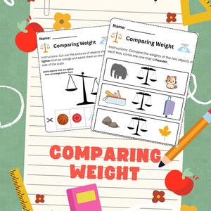 Puede incluir: Hoja de trabajo educativa titulada "Comparando peso" con instrucciones e ilustraciones de balanzas, animales y objetos. La hoja de trabajo está diseñada con fines educativos, probablemente para niños.