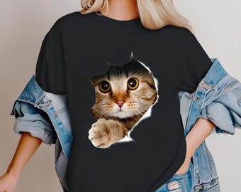 Camiseta de tela rasgada con diseño de gato – Camiseta con estampado de gatito