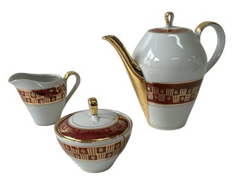 Cafetera, azucarero y jarra de crema de mediados de siglo, porcelana bávara vintage.