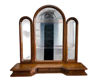 Console en bois massif avec miroir et tiroirs, style vintage années 70, couleur cerisier.