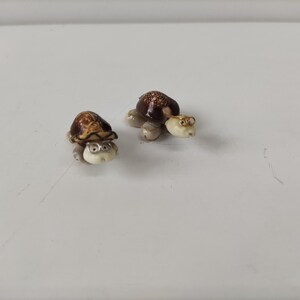 Könnte beinhalten: Zwei Miniatur-Schildkrötenfiguren aus natürlichen Muschelschalen. Jede Schildkröte hat einen dunkelbraun gemusterten Panzer, einen cremefarbenen Kopf und eine kleine Brille aus Draht. Die Figuren sind nebeneinander positioniert und zeigen ihre detaillierten Panzerstrukturen und feinen Merkmale.