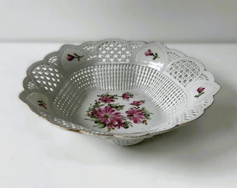 Centro de mesa de porcelana húngara vintage de la década de 1960, cesta fabricada en Hungría.