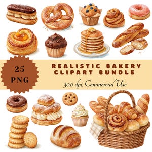 Könnte beinhalten: Eine digitale Sammlung von Backwaren, darunter ein Eclair, eine Brezel, ein Blaubeermuffin, eine Zimtschnecke, ein rosa Donut, ein Plundergebäck, ein Schokomuffin, Pfannkuchen, ein Baguette, ein Schokodonut, ein Windbeutel, ein Keks, ein Cupcake, ein Brotlaib und ein Weidenkorb.