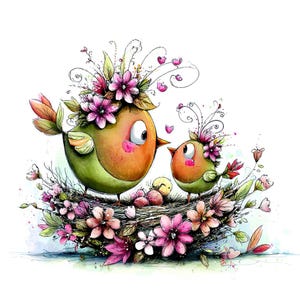 Quirky Spring Mother Birds Clipart Set, Cute Mom and Baby Birds, Mother's Day Card Making, Spring Bird Illustration Bundle