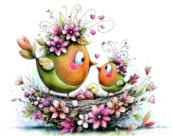 Conjunto de imágenes prediseñadas de aves madres primaverales, adorables aves mamá y crías, tarjetas para el Día de la Madre, ilustraciones de aves primaverales