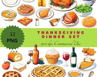 Thanksgiving Dinner Set, 57 PNG Clipart | Turkey, Autumn Food, Desserts, Drinks, Table Decor | Fall Harvest Food Printable Illustrations